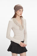 Faux Fur Trim VNeck Knit Top