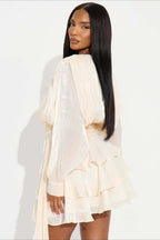 Sheen Flowy Tie Ruched Tiered Mini Dress