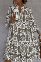 Bohemian Floral Print Stand Collar V-Neck 3/4 Sleeve A-Line Dress