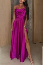 Solid Color Suspender Back Pleated Elegant Slit Full Hem Maxi Dress