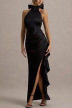 Maureen Satin High Neck Ruched Ruffle Slit Draped Maxi Dress