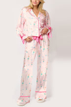 Christmas Printed Velvet Lace-up Long-sleeve Pocket Top and Elastic Waist Wide-leg Pants Set