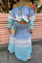 Fashionable Gradient Off Shoulder Long Sleeve Top and Resort Style Spliced Maxi Skirt Set