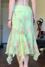 Floral Ruffle Asymmetric Sheer Mesh Vacation Maxi Skirt