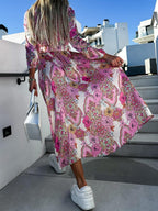Hesperia Casual Midi A-line Dress with Natural Print and High Waist