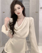 Beige Satin Cowl Neck Long Sleeve Blouse