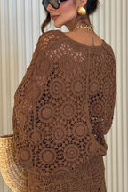 Anina Knit Crochet Cutout Button Up Batwing Half Sleeve Loose Cover-up Top