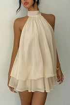 Fashionable Chiffon Halter Neck Backless Lace-up Casual Vacation Mini Dress