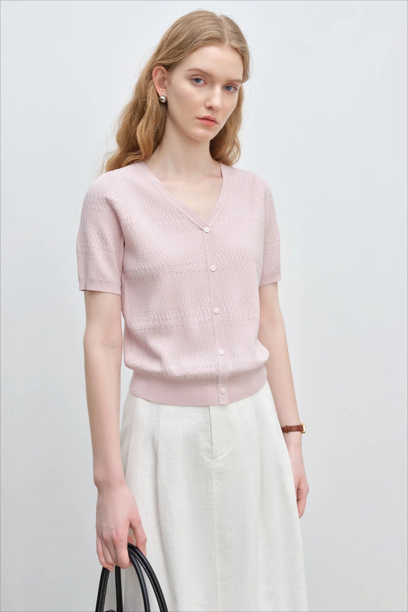 French Knit VNeck Short Sleeve Cardigan