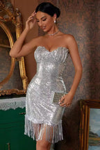 Elegant Sequin Deep V OffShoulder Bodycon Cocktail Dress