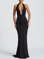 Solid Color Halter Neck V-Neck Backless Fishtail Party Dress
