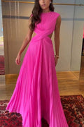 High Neck Cross Ruched Cutout Waist & Open Back Pleated Chiffon Evening Gown
