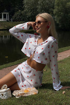 Printed Satin Long Sleeve Cardigan Skirt Two Piece Set