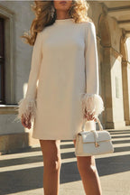Lacey Minimalist Unforgettable Date Mini Dress with Feather Trim and Long Sleeves in H Line Evening Wear Edit
