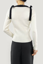 Beige Square Neck Tie Detail Sweater