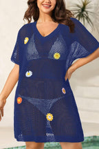 Floral-decorated V-neck Short-sleeved Crochet Cover-up Vacation Mini Dress
