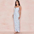 Printed Floss Strap Tied Bustier Slip Maxi Dress - Blue