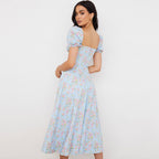 Printed Puff Sleeve High Slit Smock Maxi Sundress - Light Blue