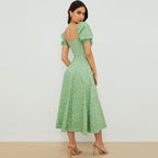 Printed Puff Sleeve High Slit Smock Maxi Sundress - Sage Green
