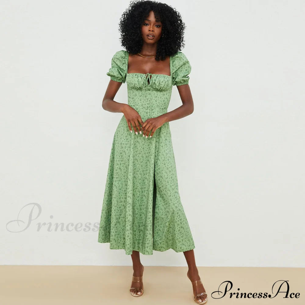 Daisy Printed Puff Sleeve High Slit Sophisticated Smock Maxi Sundress - Dark Yellow