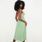 Printed Tied Bustier High Slit Slip Midi Dress - Light Green