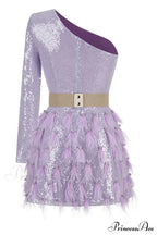 Daria One Shoulder Charming Sequin Feather Dress