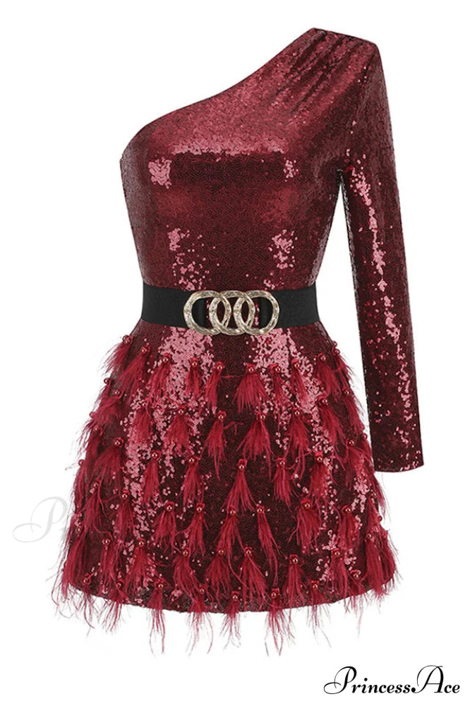 Daria One Shoulder Charming Sequin Feather Dress