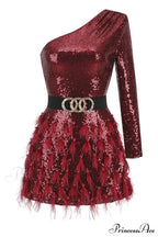 Daria One Shoulder Charming Sequin Feather Dress