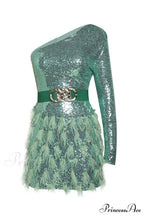 Daria One Shoulder Charming Sequin Feather Dress