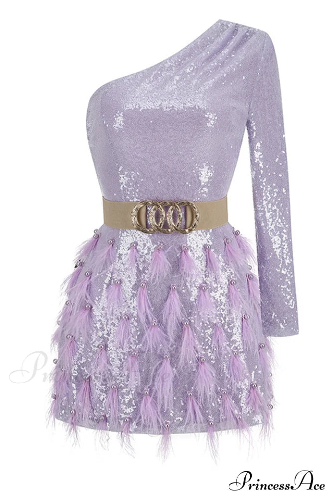 Daria One Shoulder Charming Sequin Feather Dress