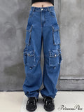 Dark Blue Pockets Wide Leg Jeans