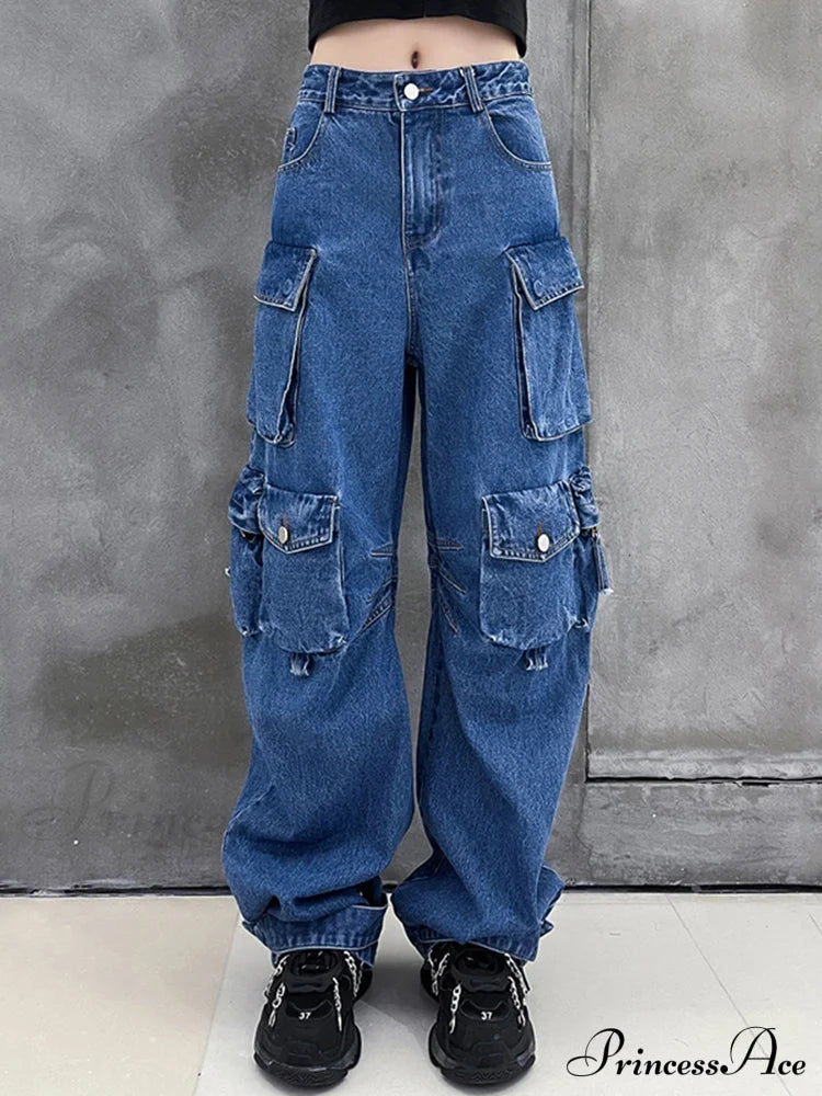 Dark Blue Pockets Wide Leg Jeans