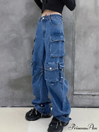Dark Blue Pockets Wide Leg Jeans