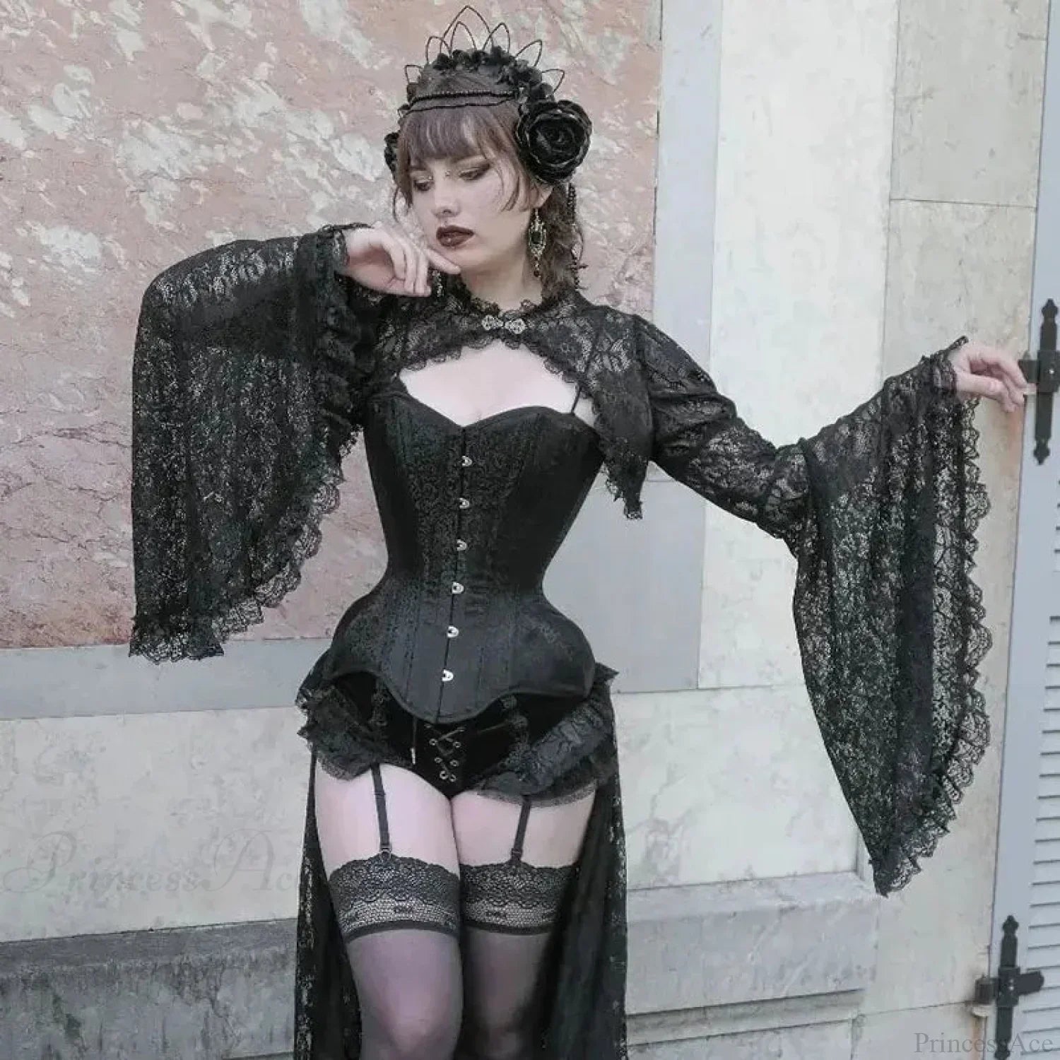 Dark Flared Sleeve Silk Blouse