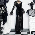 Dark Lace Trumpet Slim Midi Dress