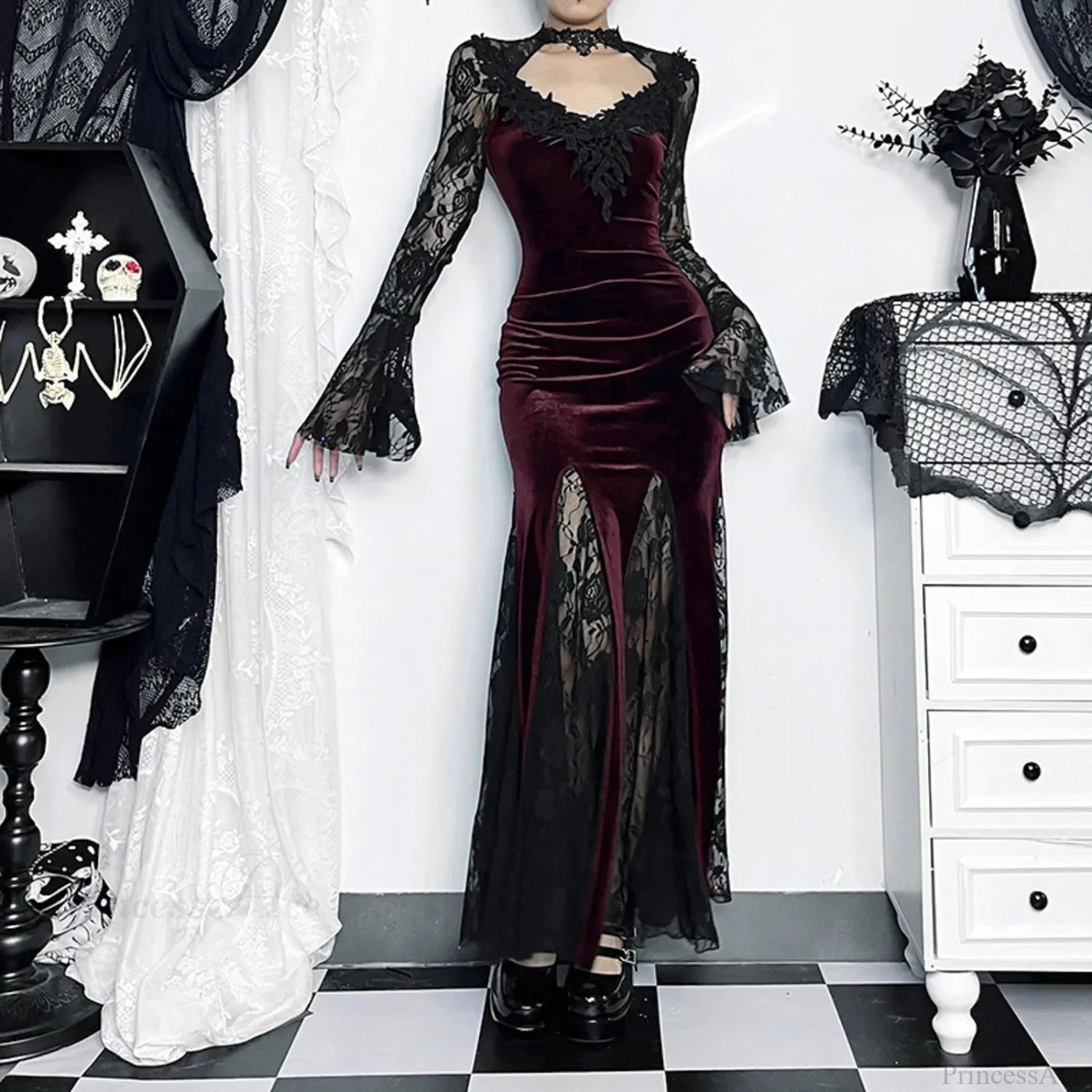 Dark Plaid Elegant Short Long Dress