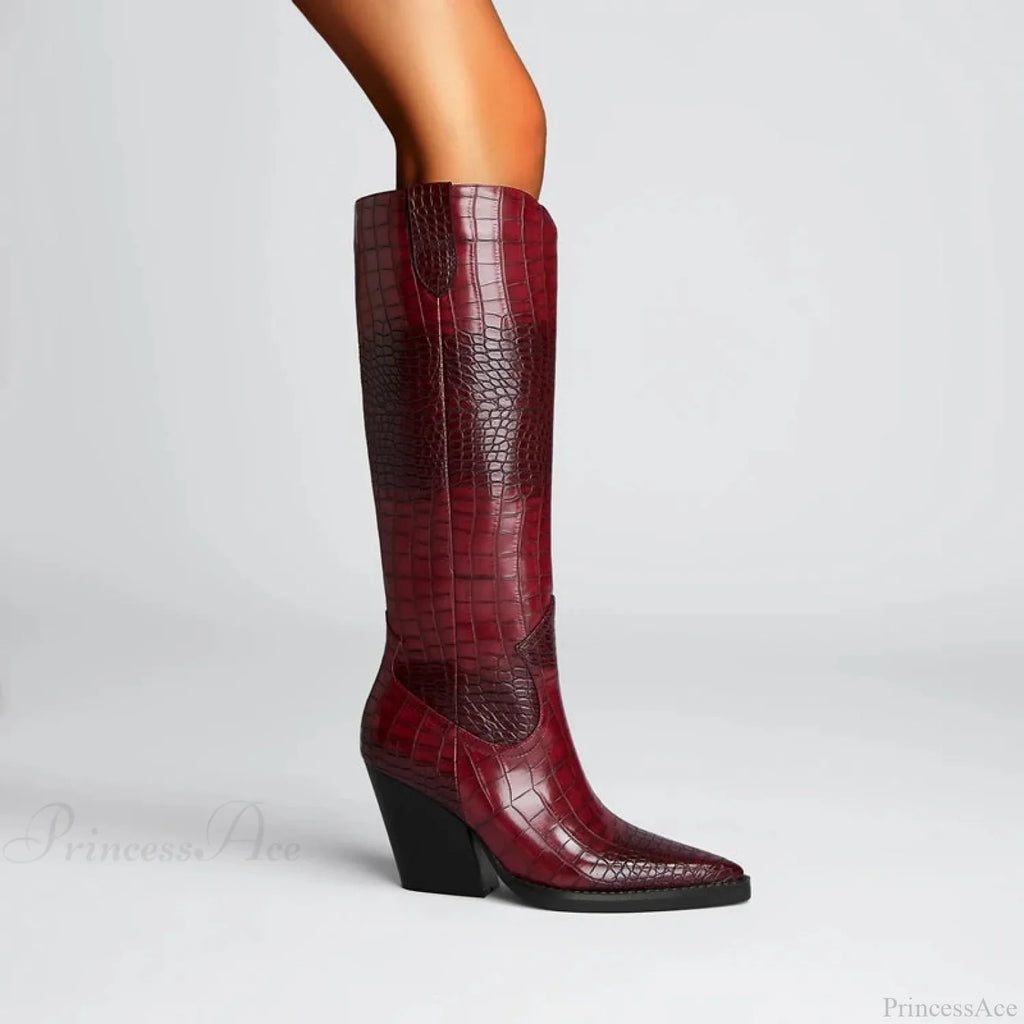 Dark Pointed Broad Heeled Oversized Western Boot