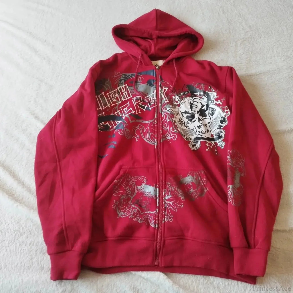 Dark Skull Print Zip Up Hoodie
