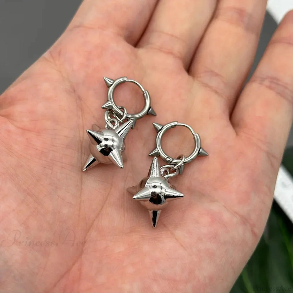 Dark Spiky Sphere Rivet Hoop Dangle Earring