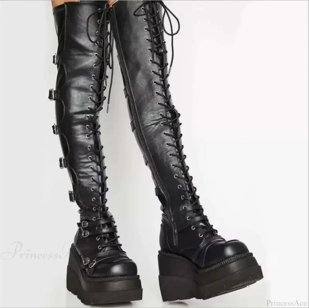Dark Thigh Tall Platform Wedges Rebel Boot
