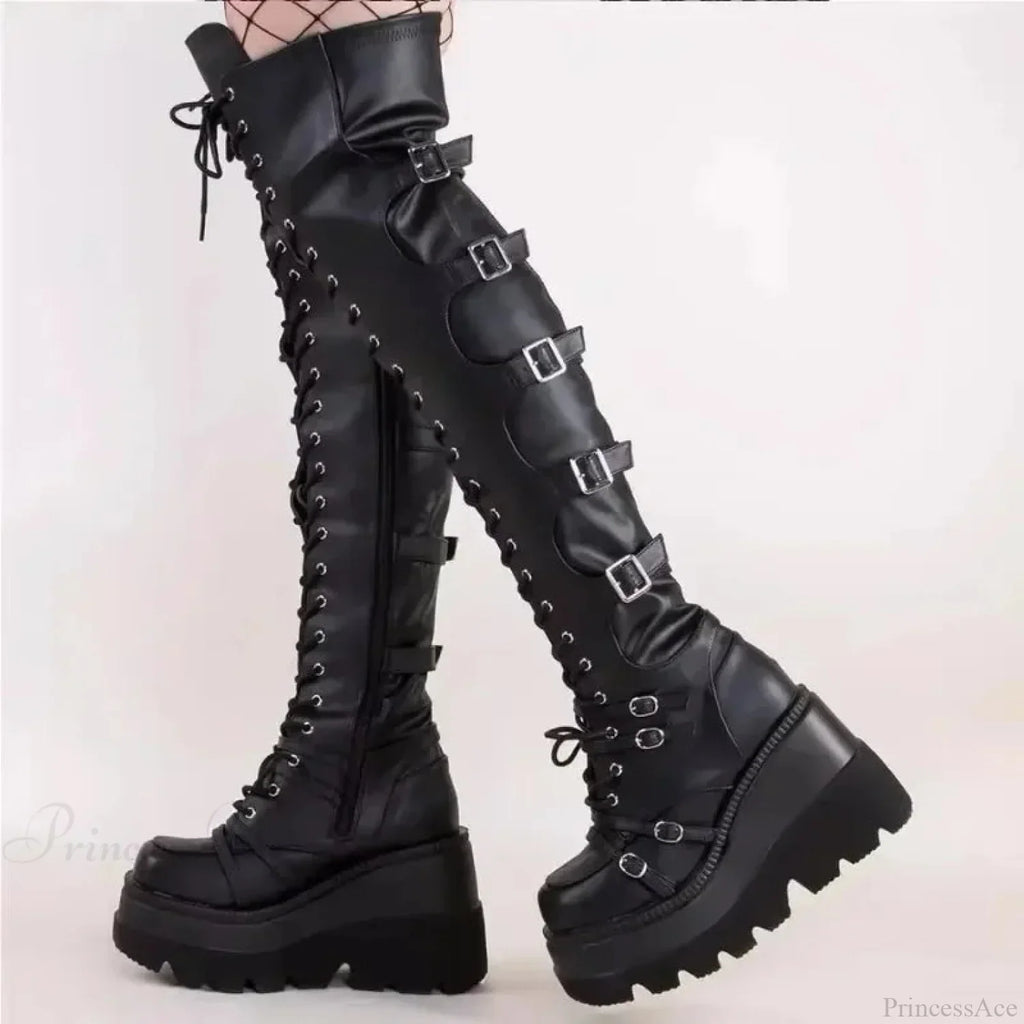 Dark Thigh Tall Platform Wedges Rebel Boot