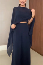 Veronica Chiffon Cape Flowing Top and Elastic Waist Wide-Leg Pants Set
