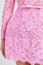 Champagne Toast Flower Lace Long Sleeve Bow Belted Mini Dress