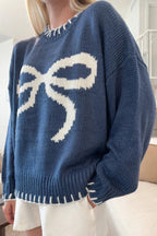 Slouchy Bow Jacquard Loose Pullover Sweater