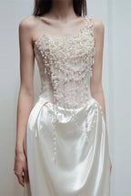 Strapless Satin Heavy Pearl Prom Dress