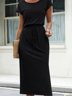 Hazel Luxe Casual Short Sleeved Round Neck Dress with Self Tie Belt Boutique Collection