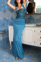 Jacquard Patchwork Ruched Slim Fit Sleeveless Maxi Dresses-Blue