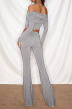Off-Shoulder Ruched Knit Crop Slim T-shirt Shorts Knit Top
