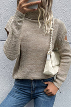 Turtleneck Long Sleeve Solid Color Hollow Off Shoulder Sweater