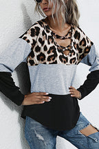 women's long sleeve leopard print stitching t-shirt